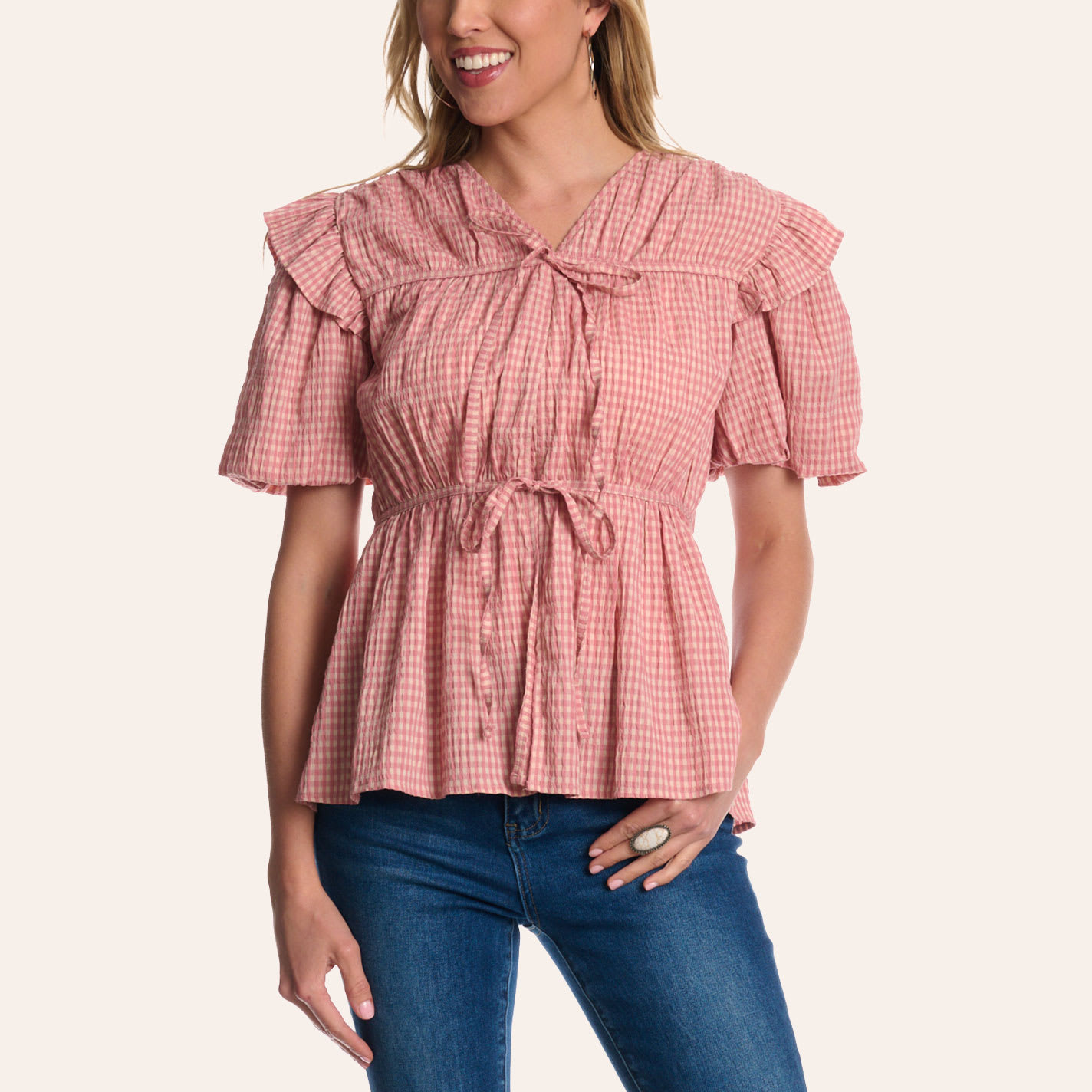 Grace & Emma Women's Pink Gingham Print Puff Sleeve Babydoll Top In Brown