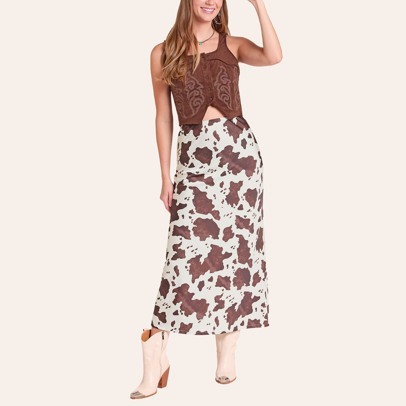 Rock & Roll Denim Women's Cow Print Satin Midi Skirt In Natural