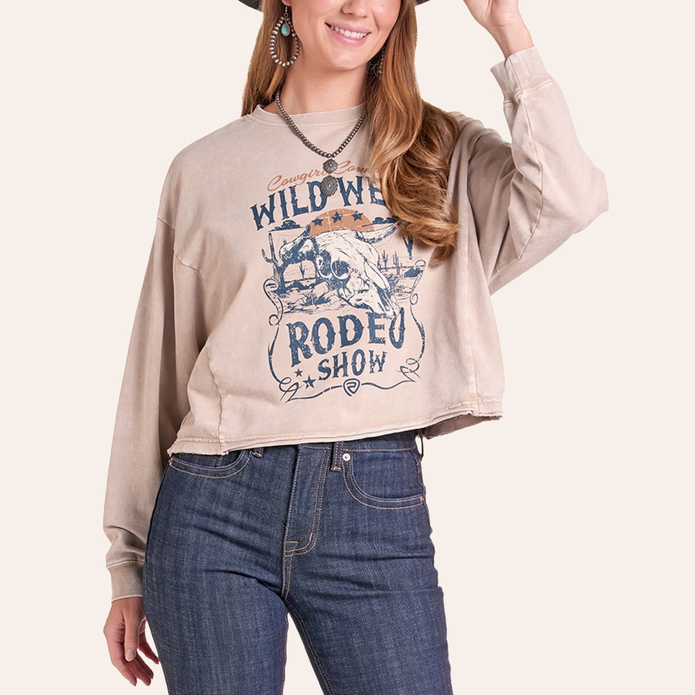 Rock & Roll Denim Women's Tan Wild West Rodeo Show Graphic Sweatshirt