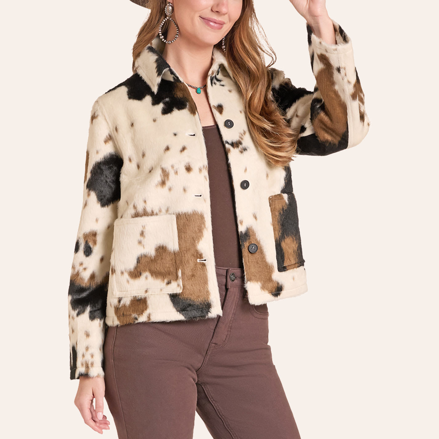 Rock & Roll Denim Women's Cow Print Faux Cowhide Jacket In Natural