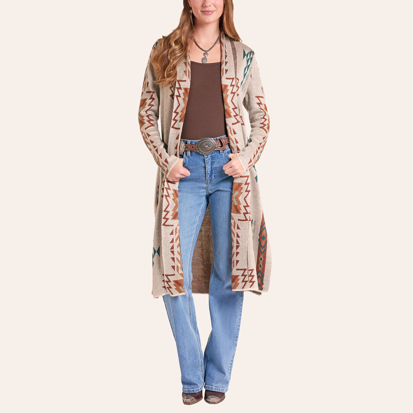 Rock & Roll Denim Women's Cream Aztec Print Duster Sweater