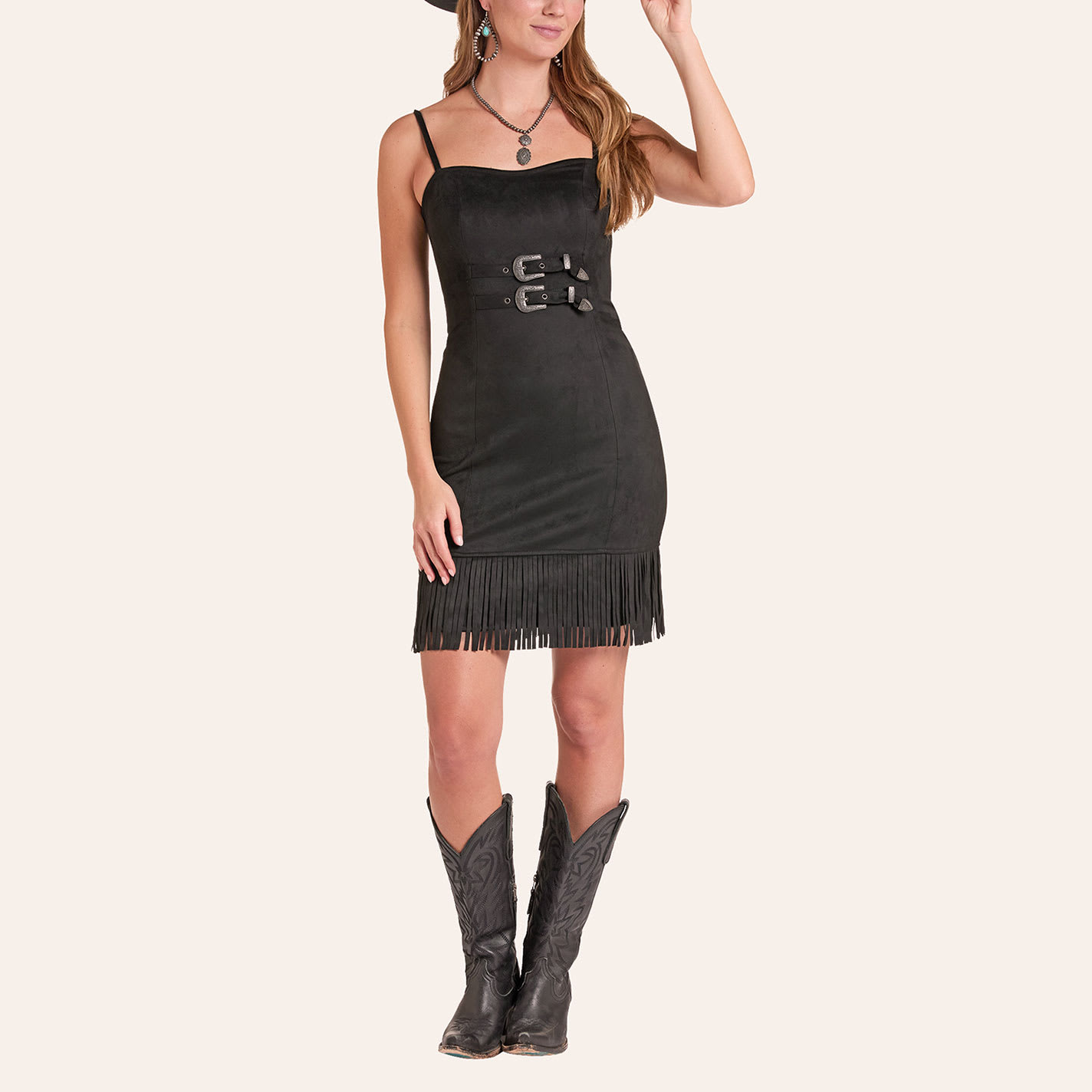 Rock & Roll Denim Women's Black Faux Suede Western Buckle Fringed Dress