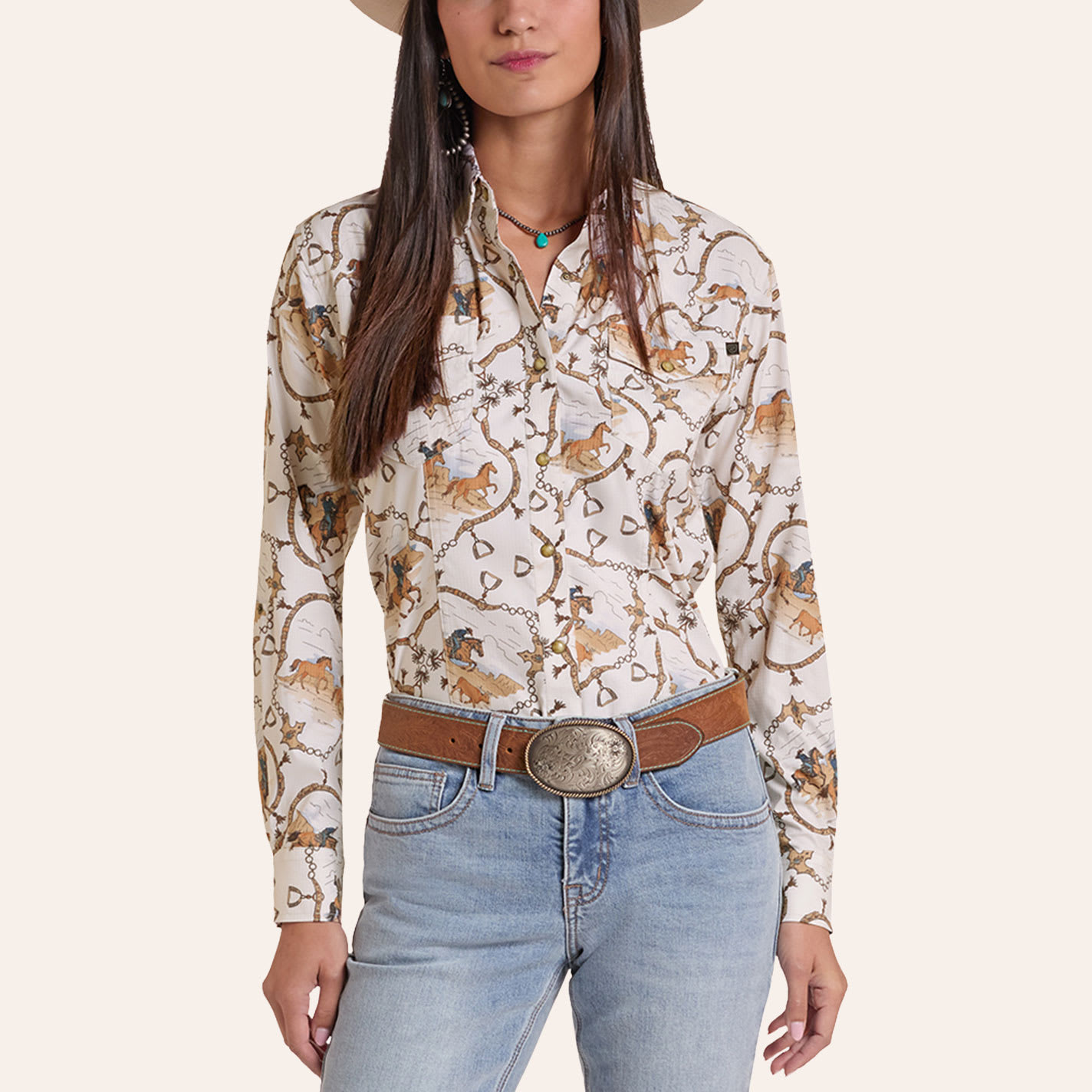 Rock & Roll Denim Women's Tek Cream Western Print Long Sleeve Pearl Snap Western Shirt