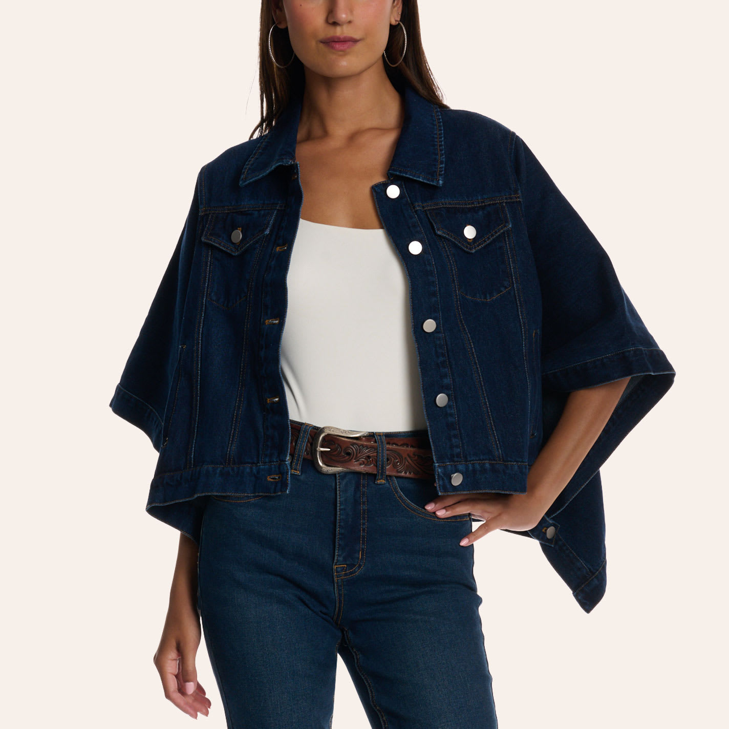 Tcec Women's Dark Wash Cape Sleeve Denim Jacket In Blue