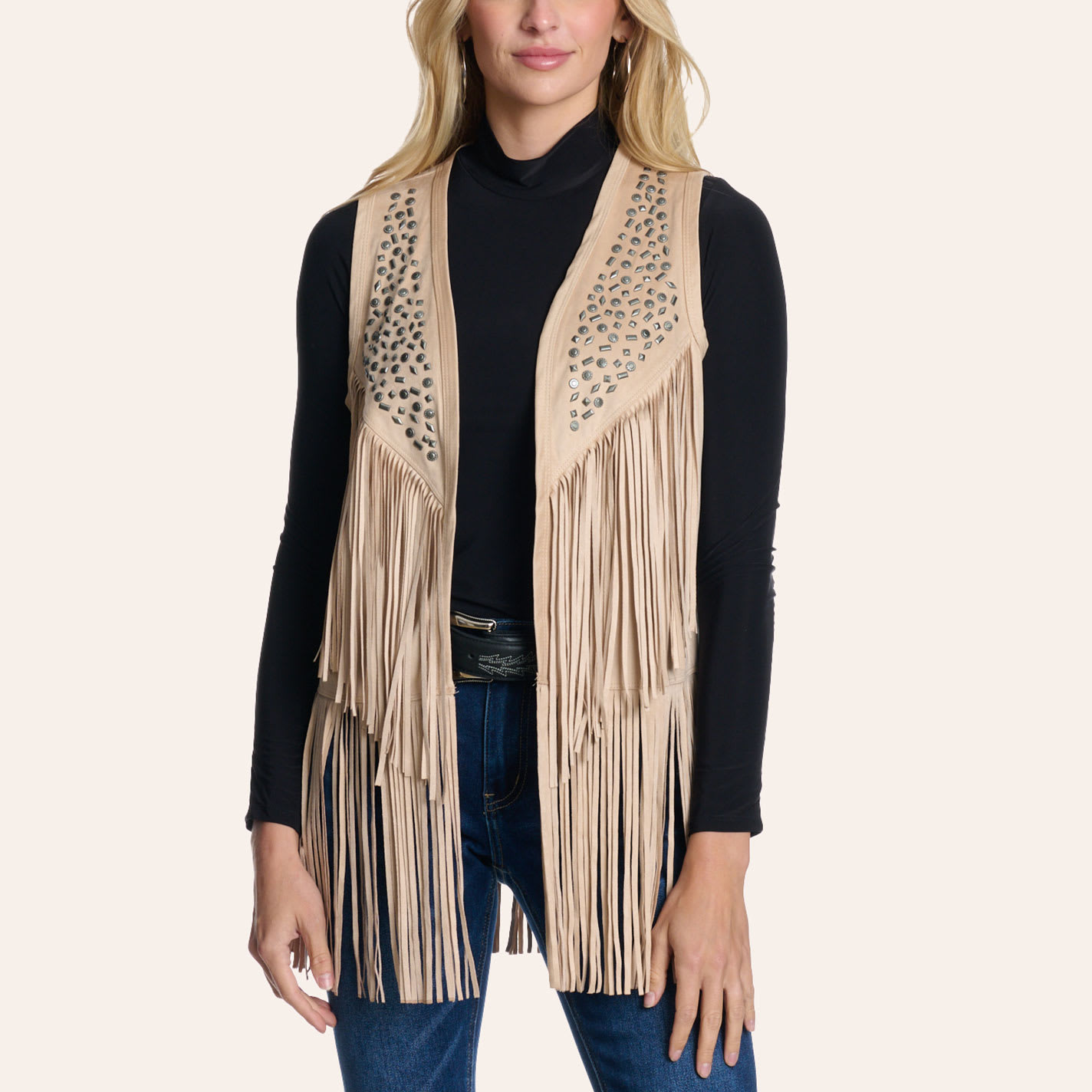 Cripple Creek Women's Beige Studded Fringe Microsuede Vest In Sand