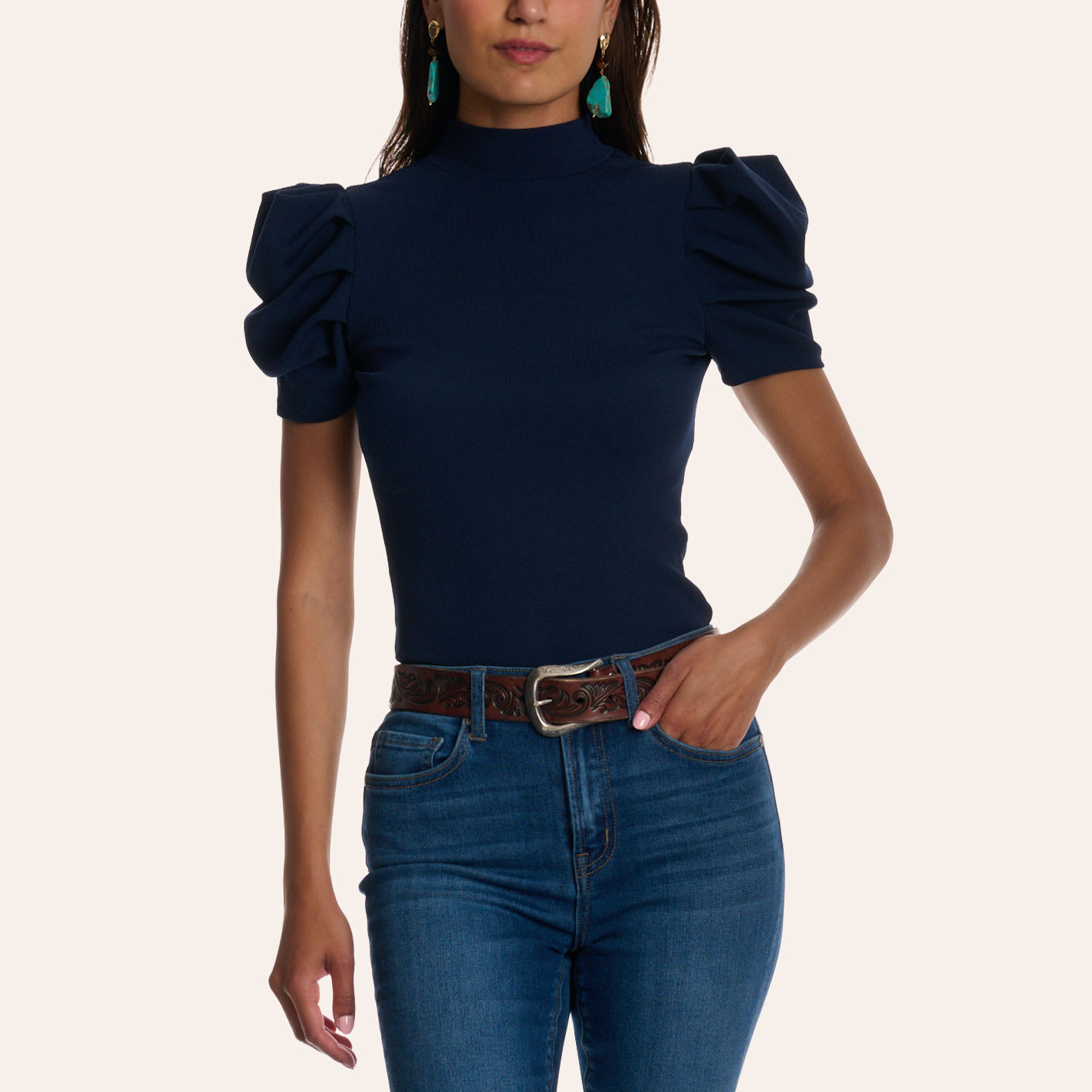 Tcec Women's Navy Mock Neck Puff Sleeve Bodysuit In Blue