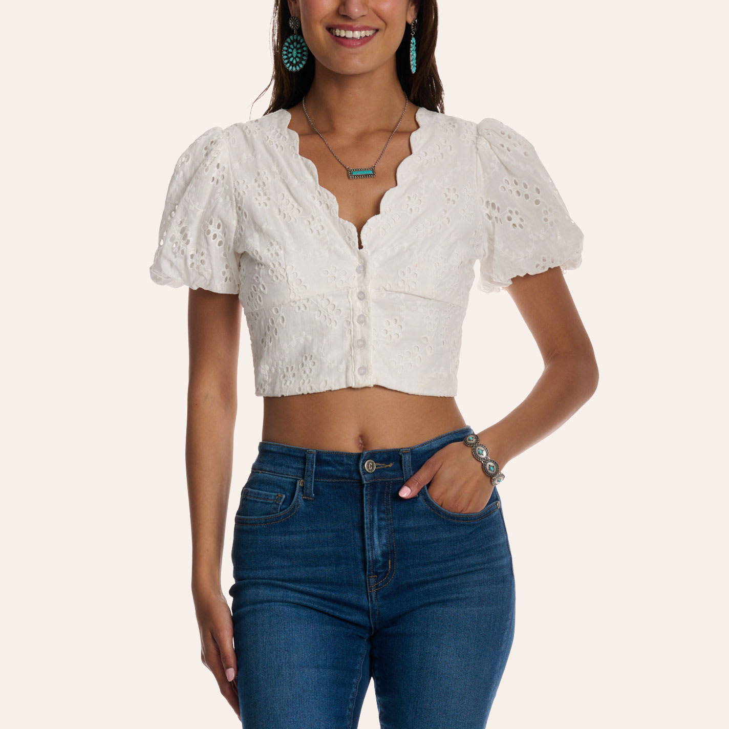 Tcec Women's White Floral Eyelet Embroidered Puff Sleeve Crop Top