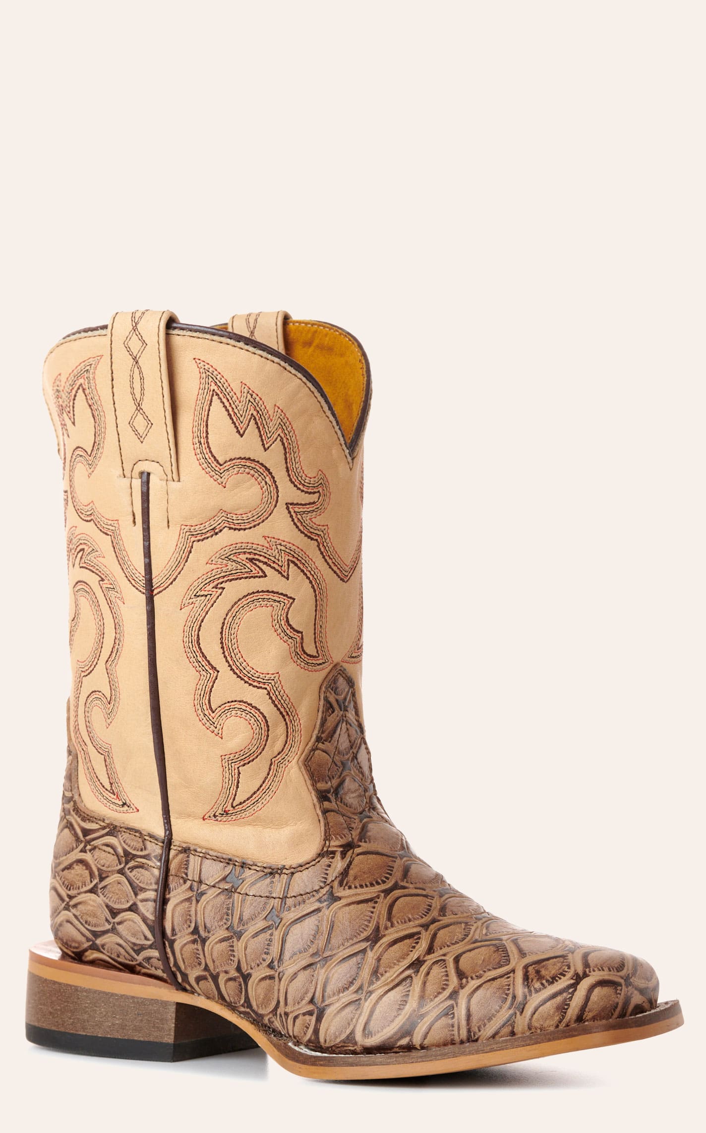 Cavenders Cavender's Kids' Natural & Tan Fish Print Wide Square Toe Cowboy Boots In Brown