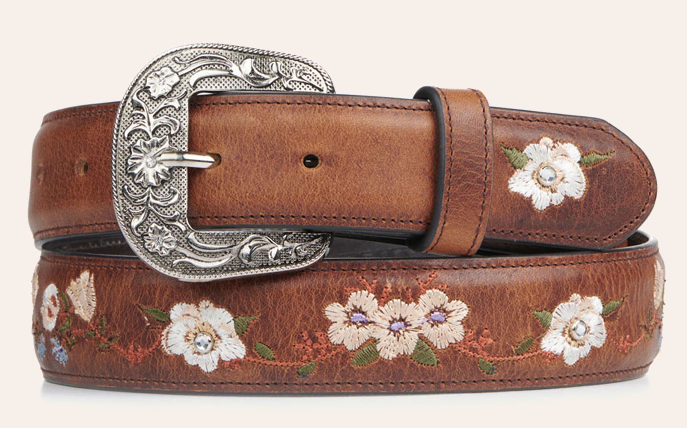 Cavender's Women's Tobacco Rust Brown with Floral Embroidery Leather Belt - XL