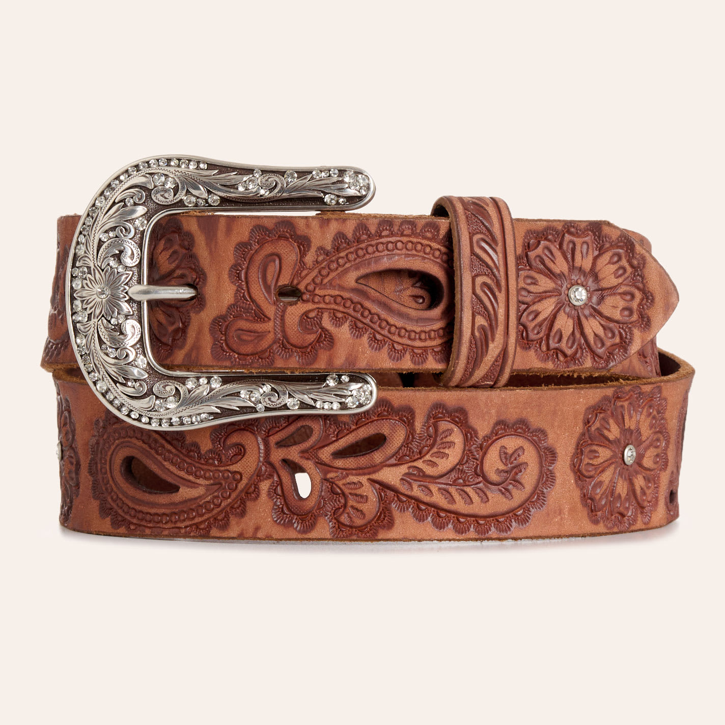 Angel Ranch Tan & Silver Floral Tooled Leather Belt - S - From Cavender's