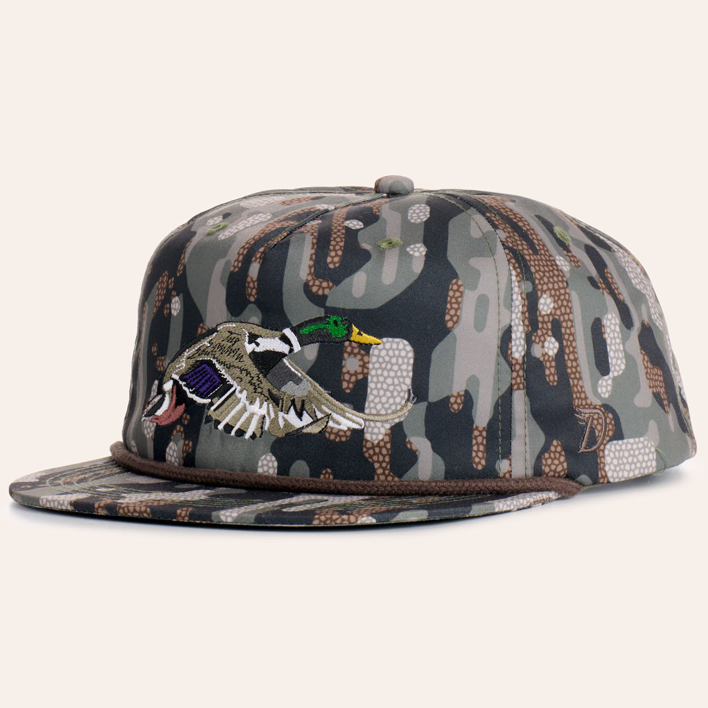 Duck Camp Woodland Camo Mallard Embroidered Rope Flat Bill Cap In Multi