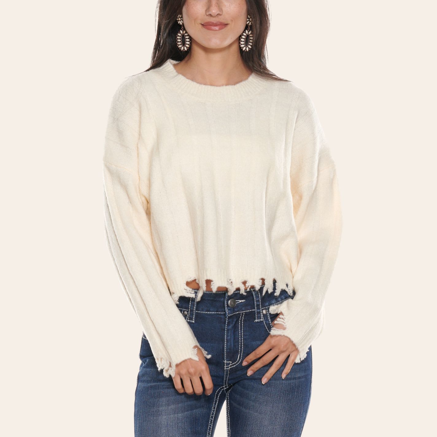 Double Zero Women's Whip Cream Frayed Long Sleeve Sweater In White