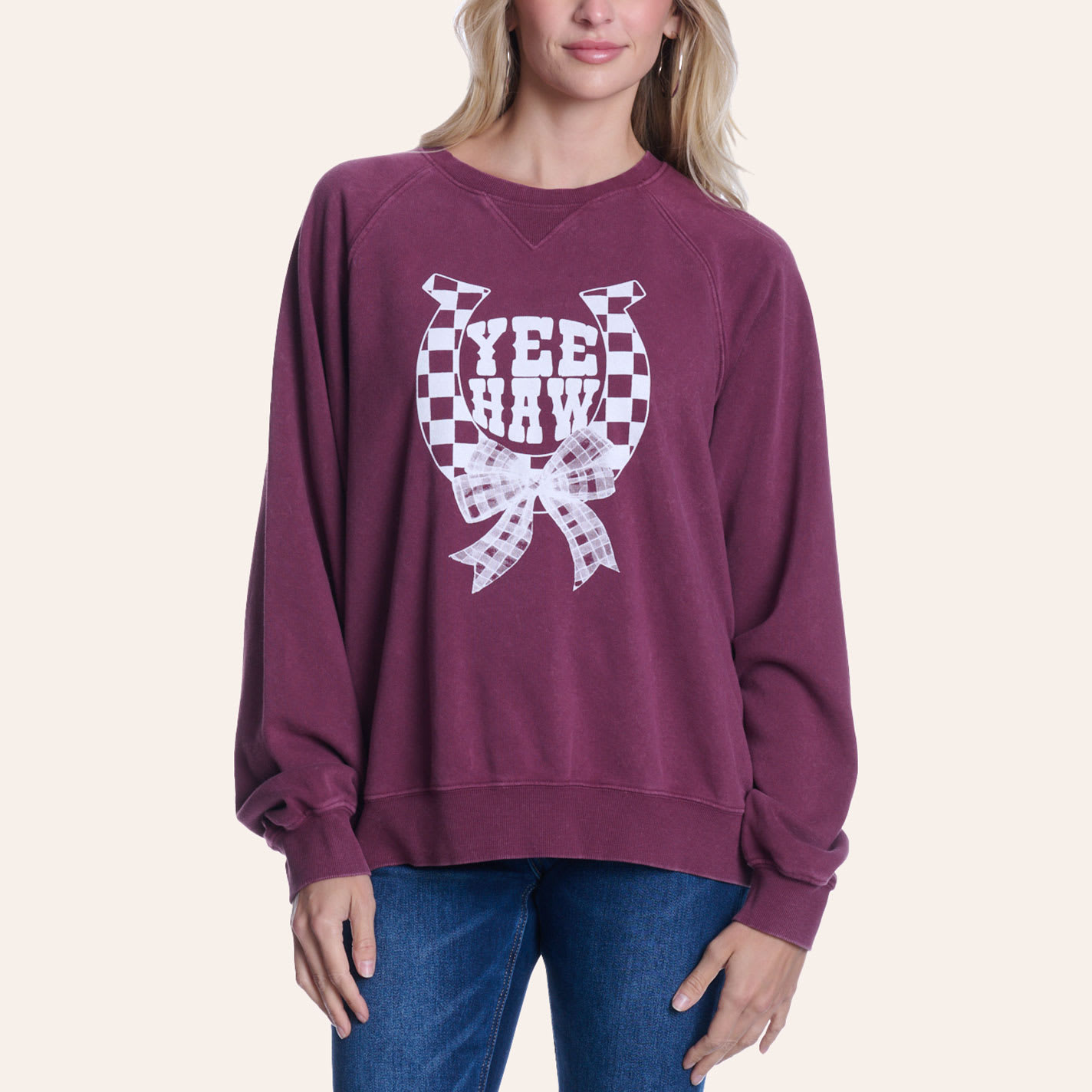 Double Zero Women's Maroon Yeehaw Graphic Sweatshirt In Red