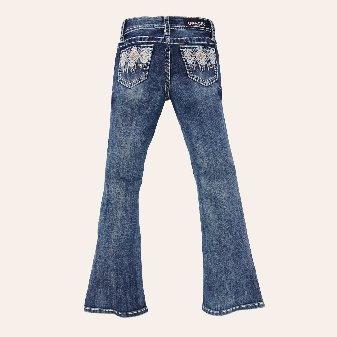 Grace In La Girls' Aztec Embroidered Pocket Medium Wash Bootcut Jeans