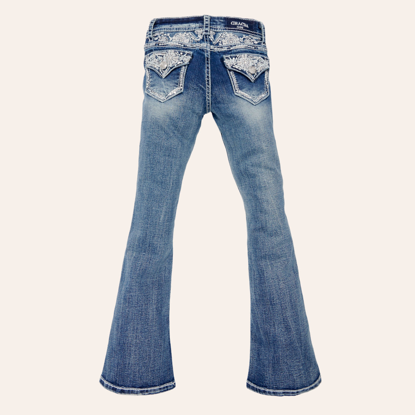 Grace In La Girls' Medium Wash Lace Embroidered Faux Pocket Bootcut Jeans