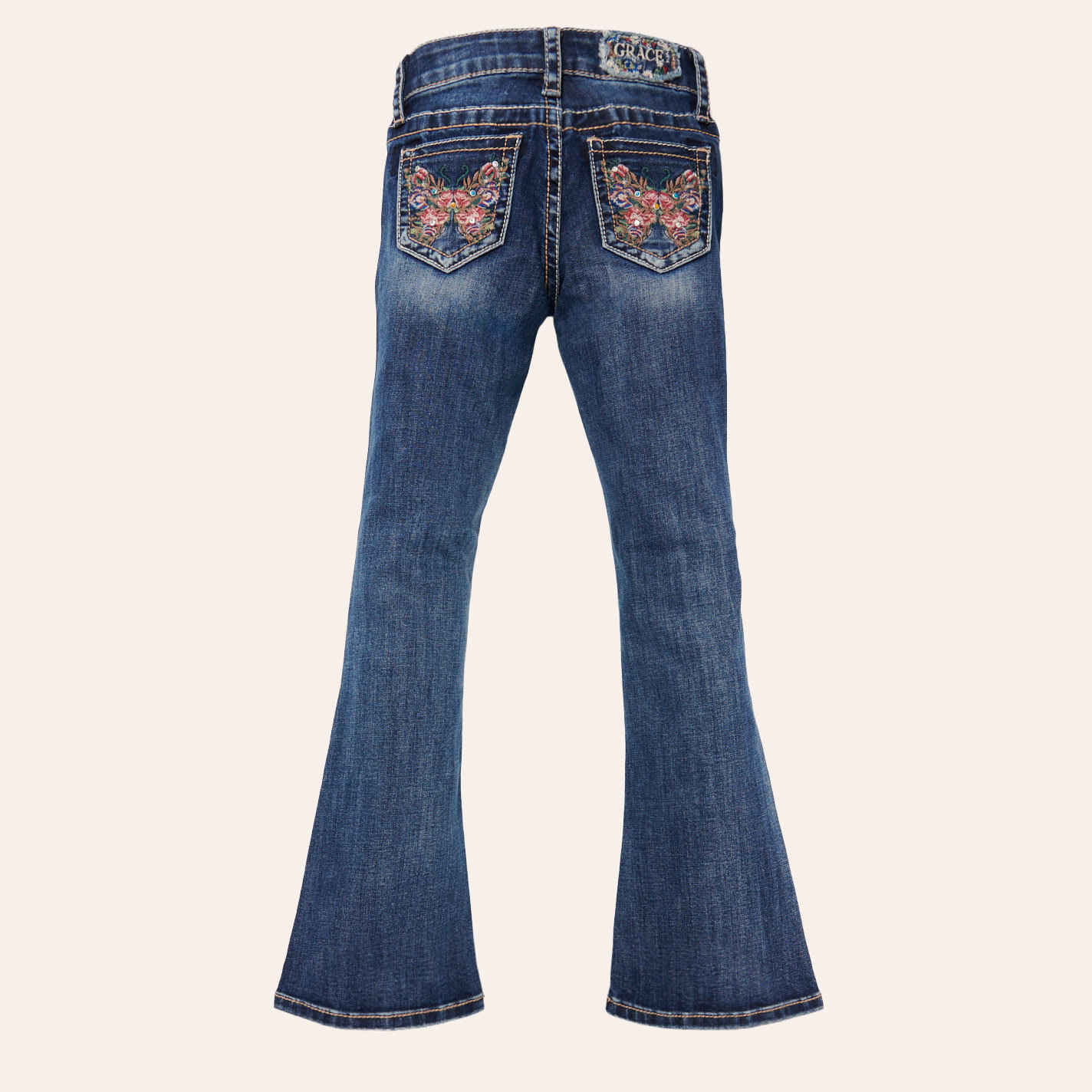 Grace In La Girls' Medium Wash Butterfly Embroidered Bootcut Jeans