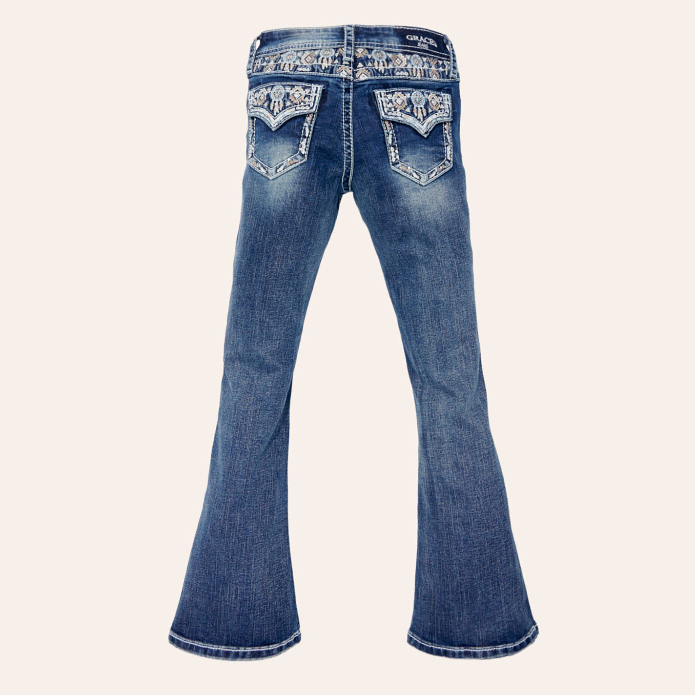 Grace In La Girls' Medium Wash Aztec Embroidered Faux Pocket Bootcut Jeans