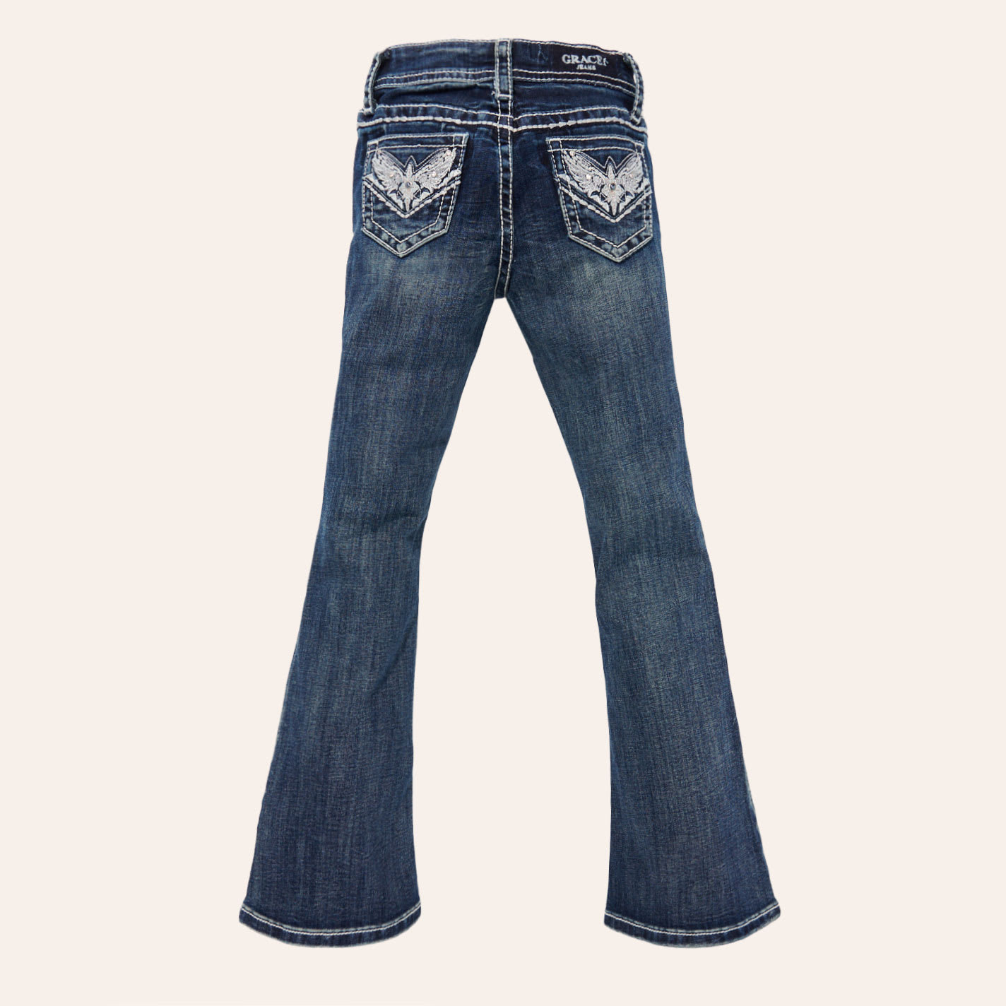 Grace In La Girls' Medium Wash Wing Embroidered Rhinestone Flare Jeans