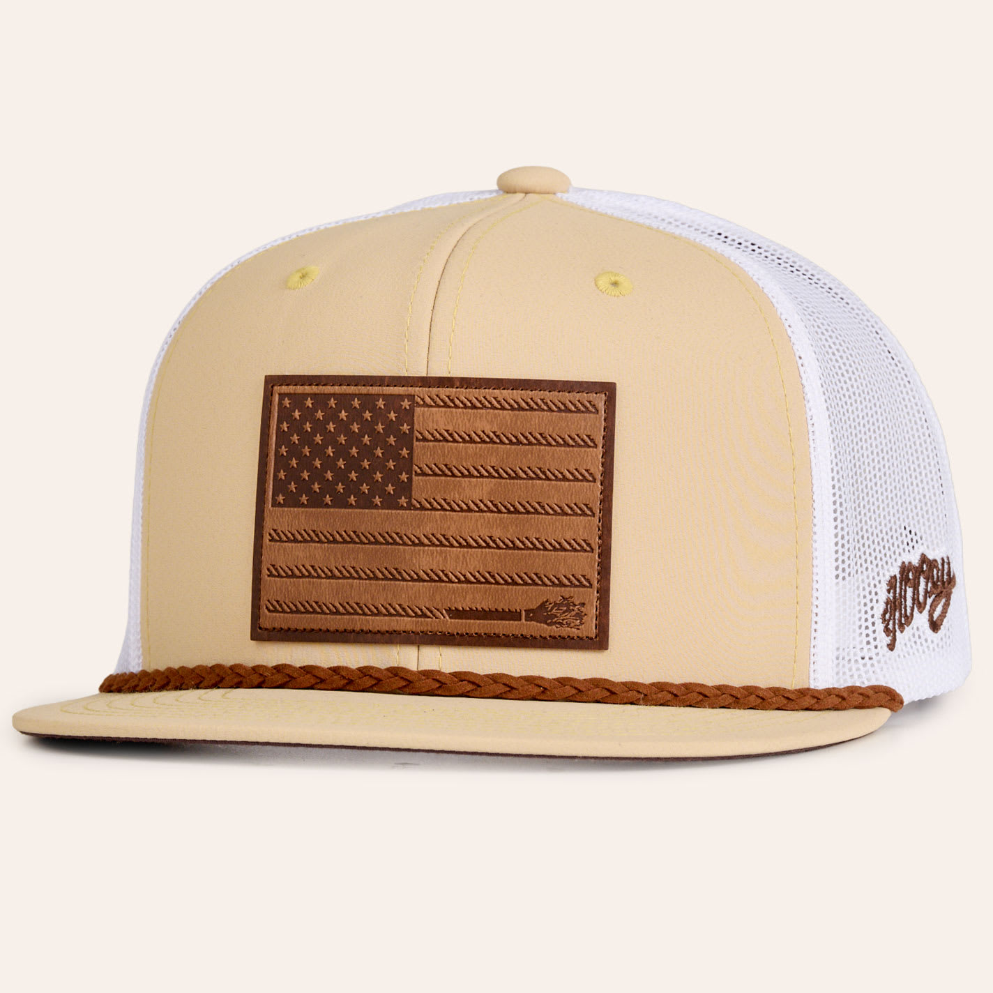Hooey Tan & White Liberty Roper Leather Patch Rope Flat Bill Trucker Cap In Brown