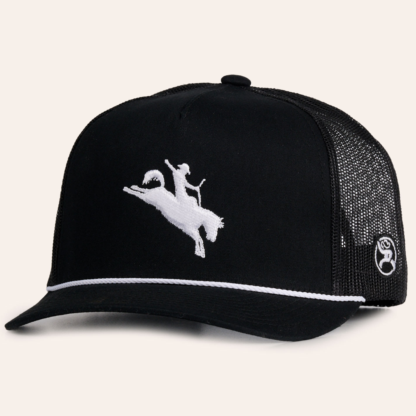 Hooey Black Bronco Embroidered Rope Curved Bill Trucker Cap