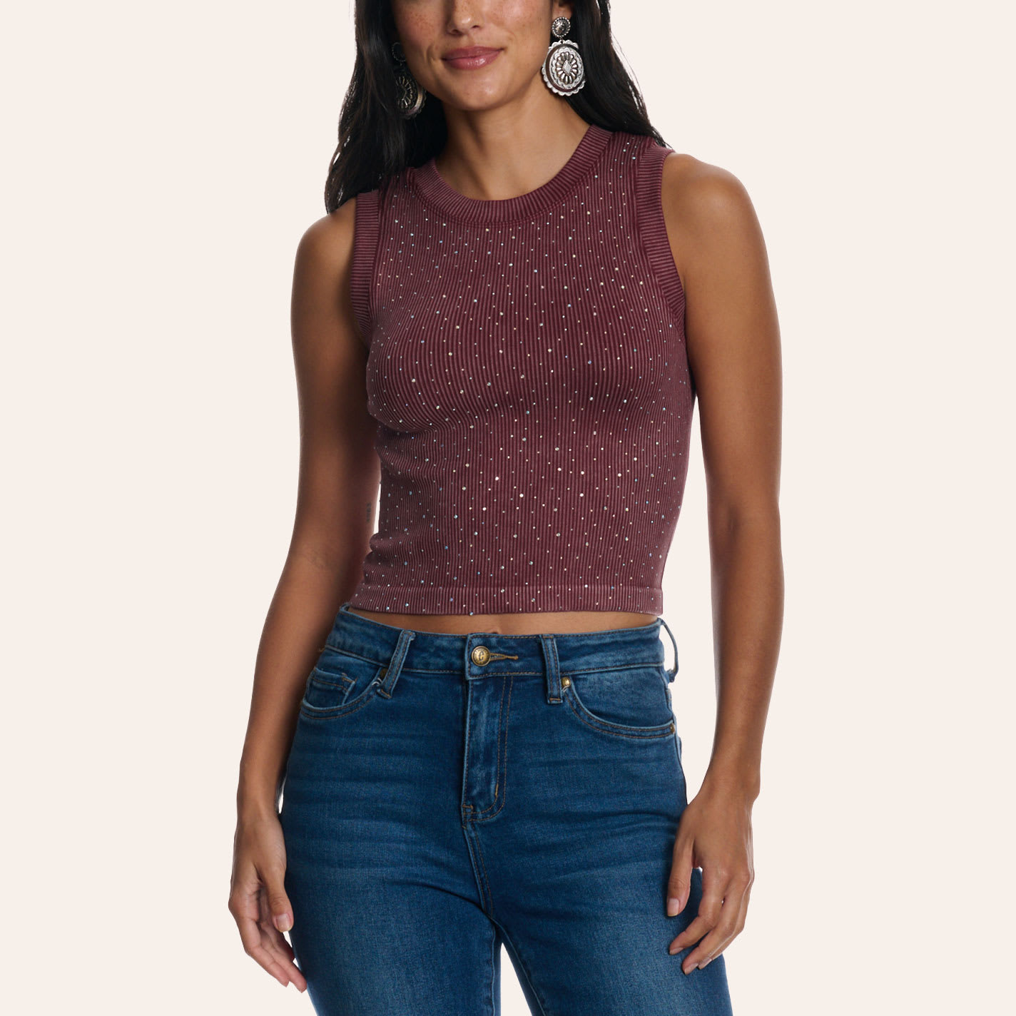 Moa Moa Women's Burgundy Rhinestone Ribbed Knit Tank Top