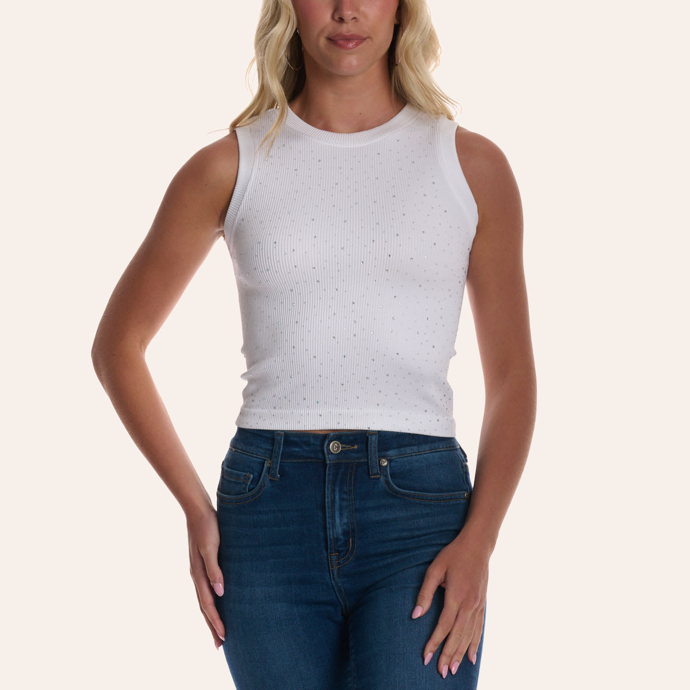 Moa Moa Women's White Rhinestone Ribbed Knit Tank Top