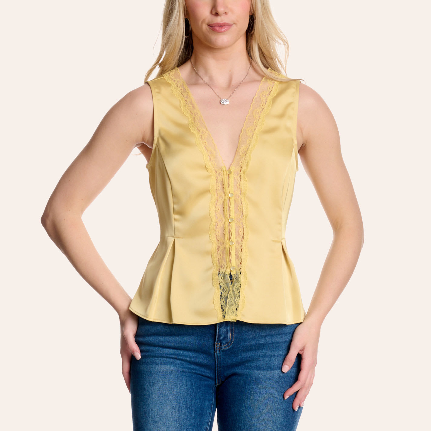 Moa Moa Women's Yellow Lace Trim Tie Back Tank In Green
