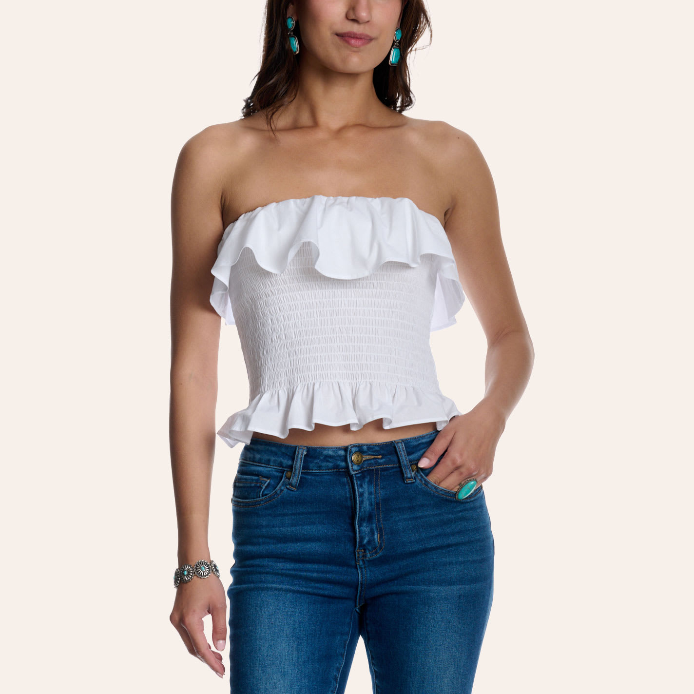 Moa Moa Women's White Smocked Ruffle Tube Top