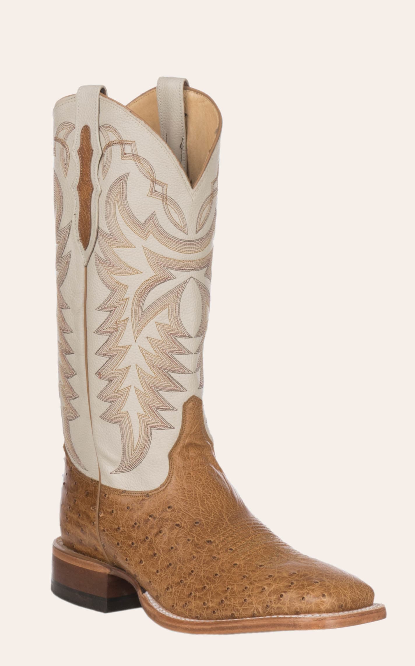 Justin Men's Pascoe Ivory And Antique Saddle Brown Smooth Ostrich Wide Square Toe Exotic Cowboy Boots In Blue