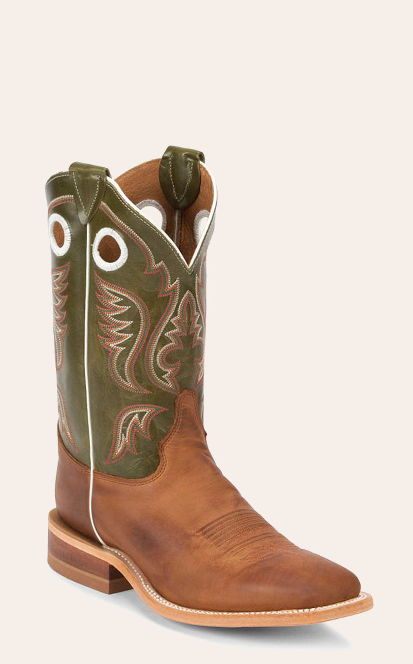 Justin Men's Bent Rail Austin Cognac And Green Wide Square Toe Cowboy Boots In Brown