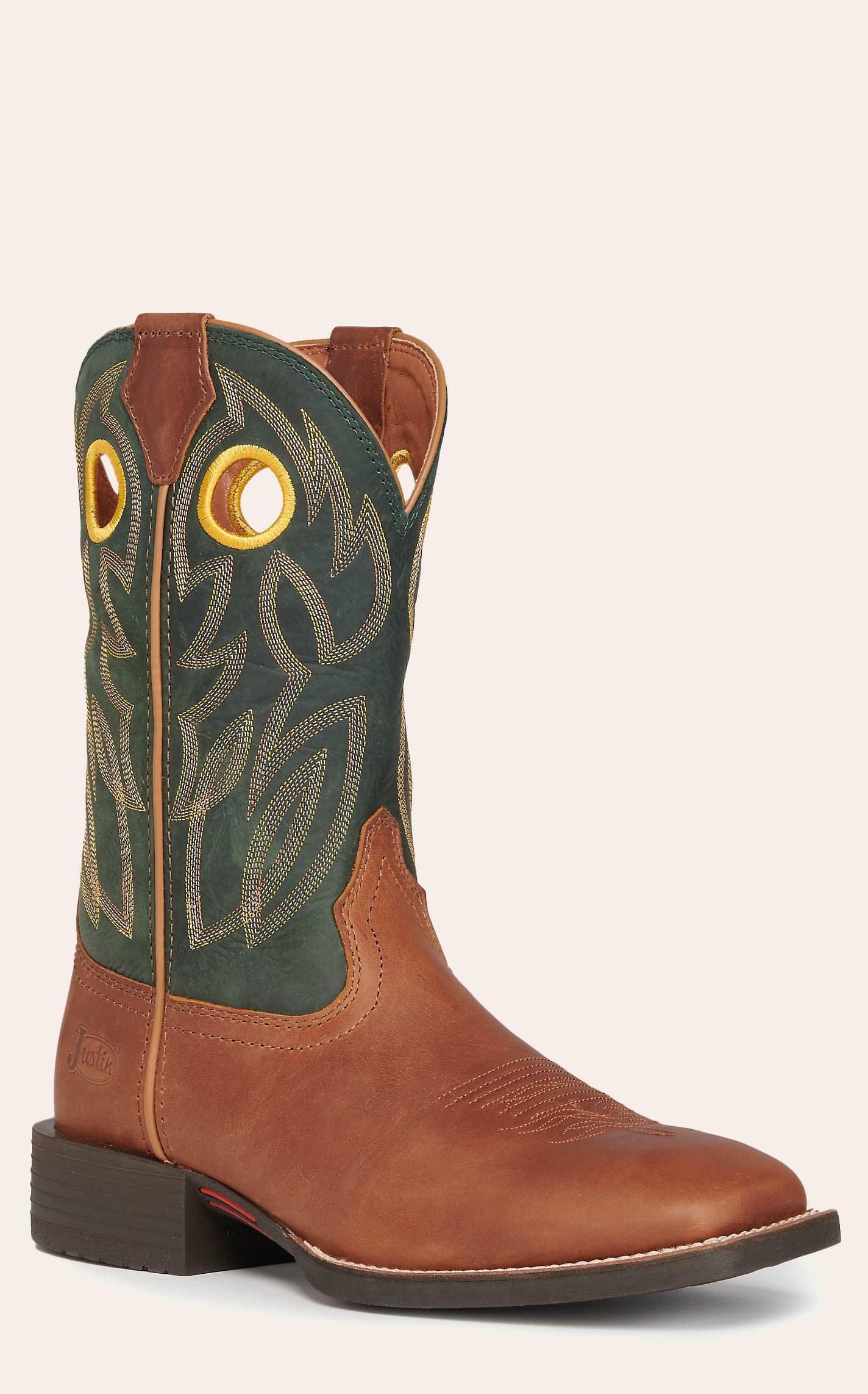 Justin Men's Bowline Tan And Green Wide Square Toe Cowboy Boots In Brown