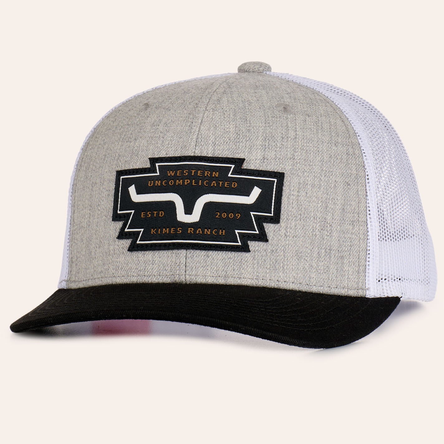 Kimes Ranch Woodland Gray & White Logo Patch Curved Bill Trucker Cap