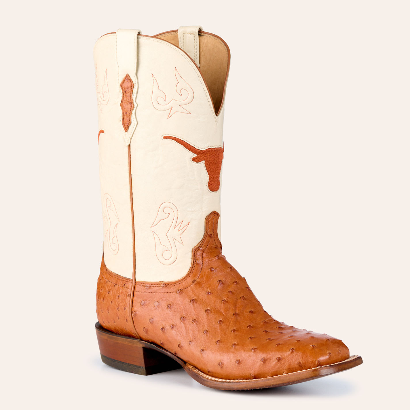 Lucchese Men's Texas Longhorns Cream & Barnwood Full Quill Ostrich Wide Square Toe Cowboy Boots
