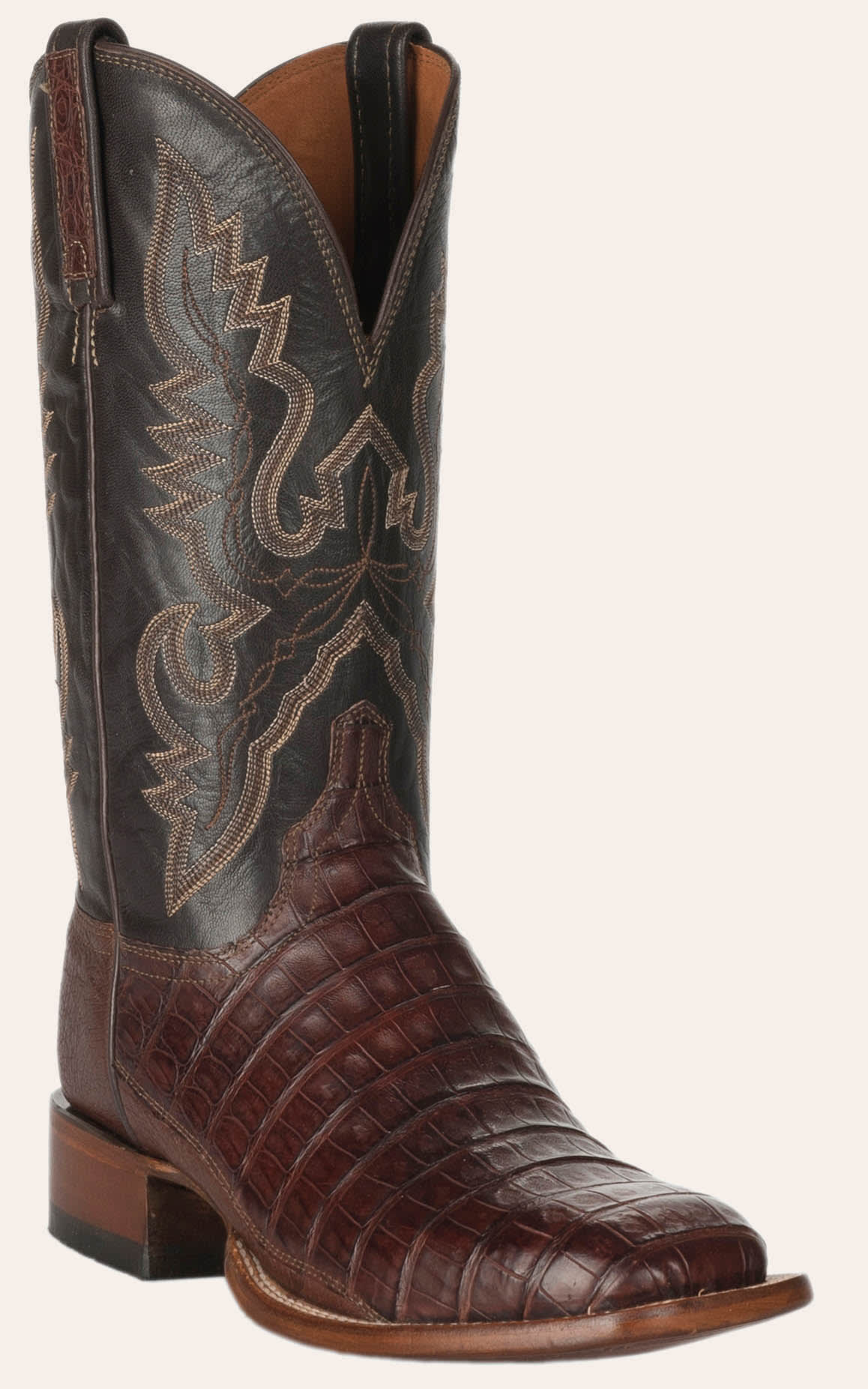 Lucchese Men's 1883 Barrel Brown Caiman Tail And Smooth Ostrich Square Toe Exotic Cowboy Boots