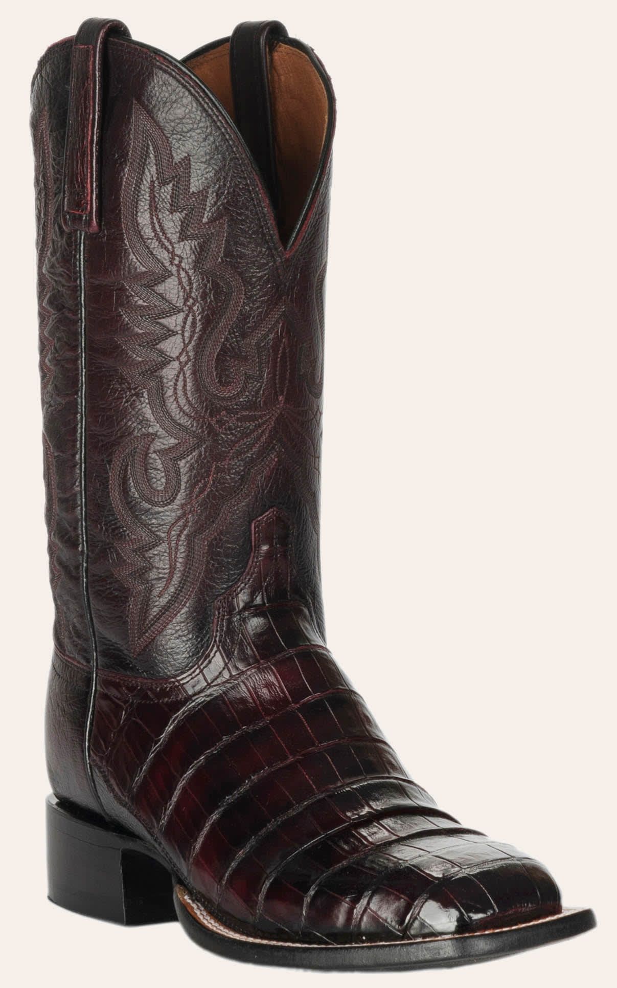 Lucchese Men's 1883 Black Cherry Caiman Tail And Smooth Ostrich Square Toe Exotic Western Boots In Burgundy