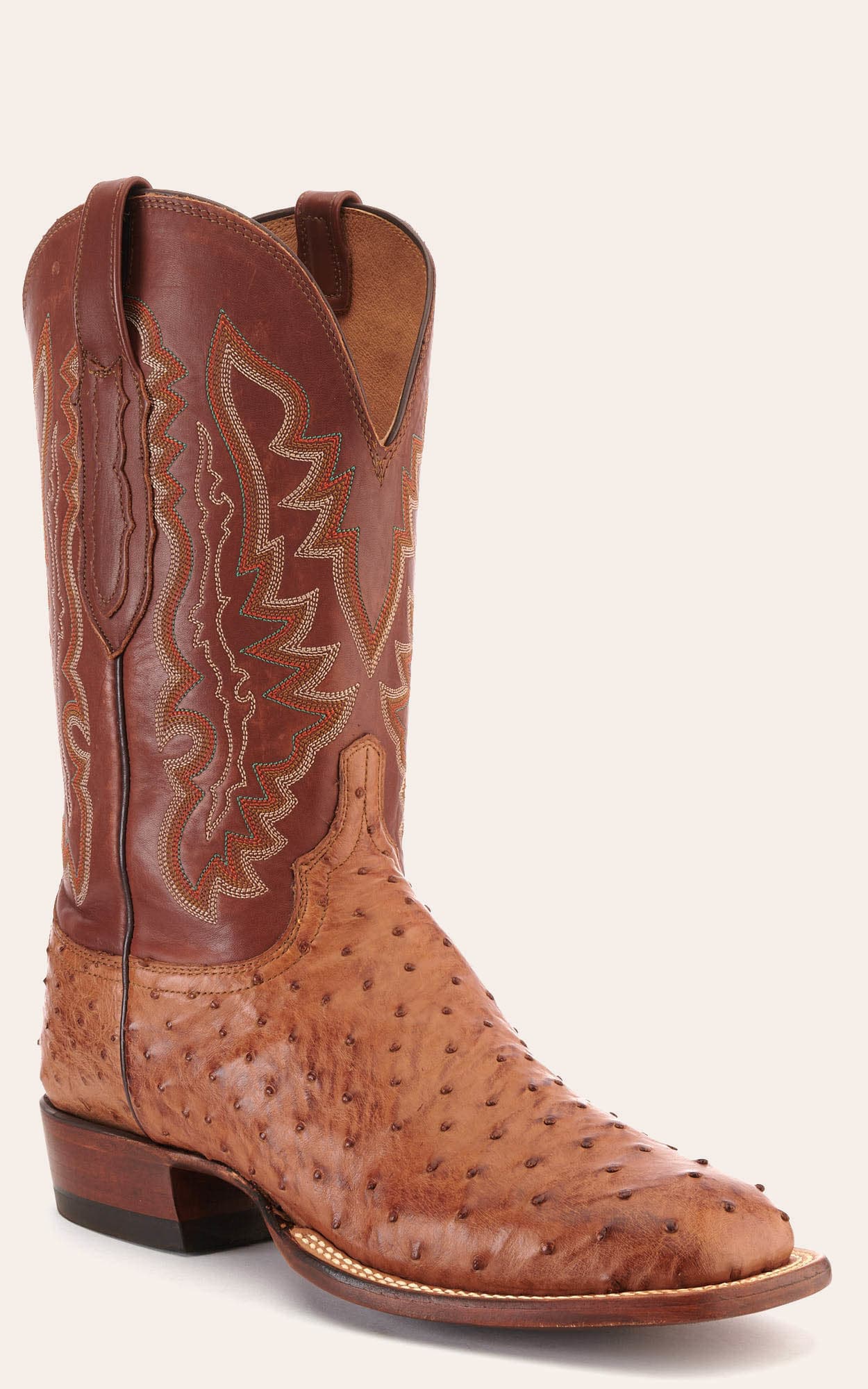Lucchese Men's Tan And Barnwood Full Quill Ostrich Square Toe Exotic Cowboy Boots In Brown
