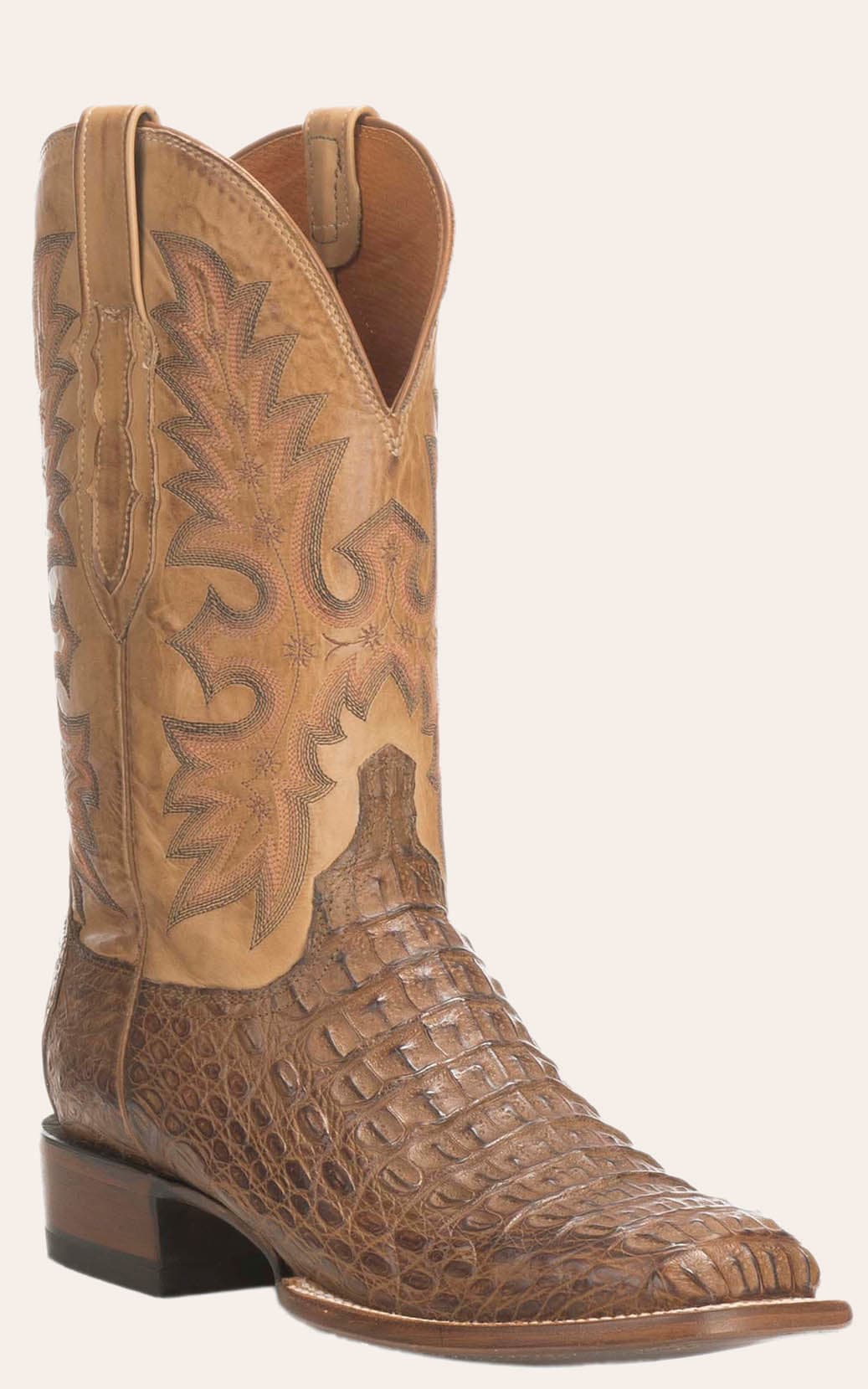 Lucchese Men's Tan Burnish Hornback Caiman Wide Square Toe Exotic Cowboy Boots In Brown
