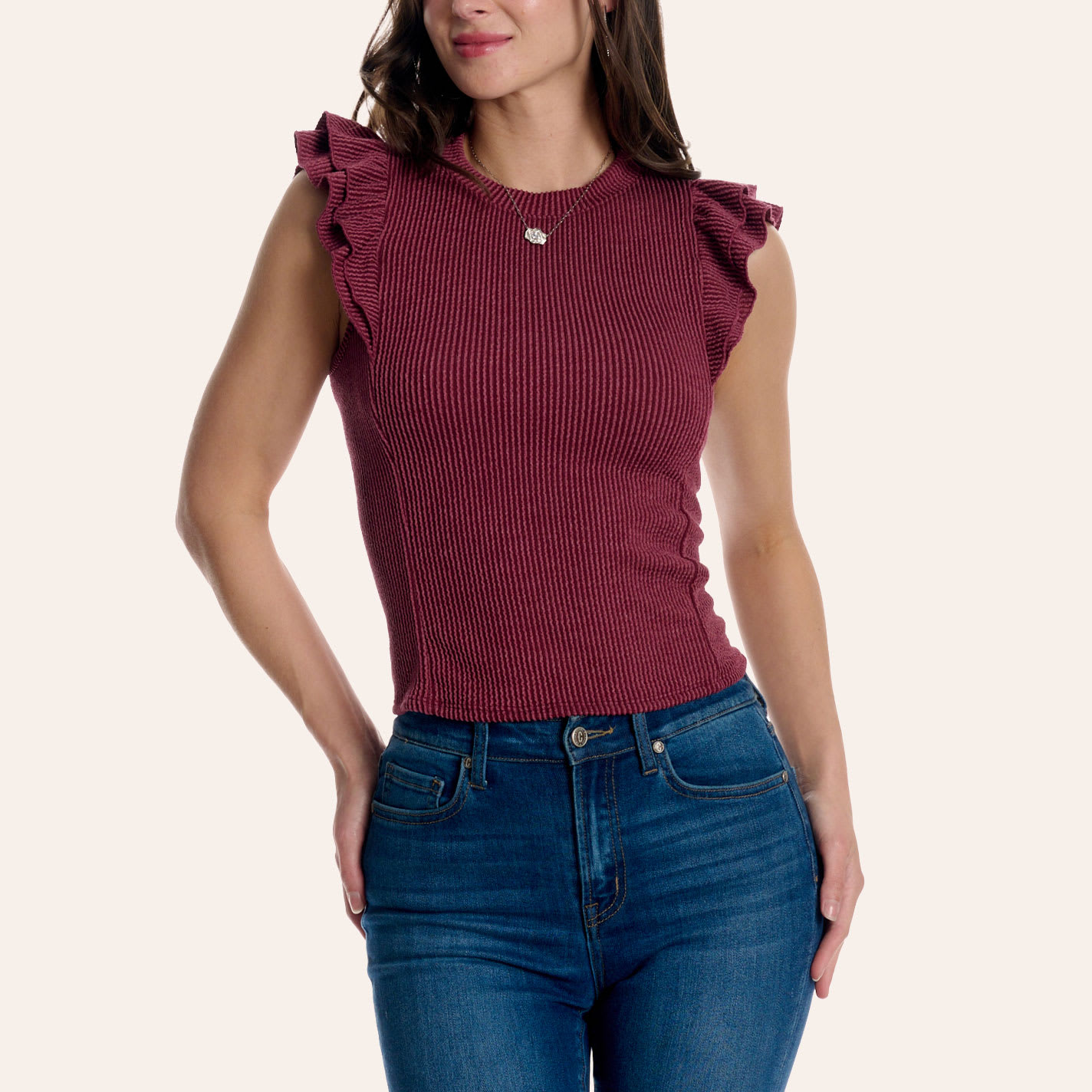 Moa Moa Women's Burgundy Ribbed Knit Ruffle Sleeve Top