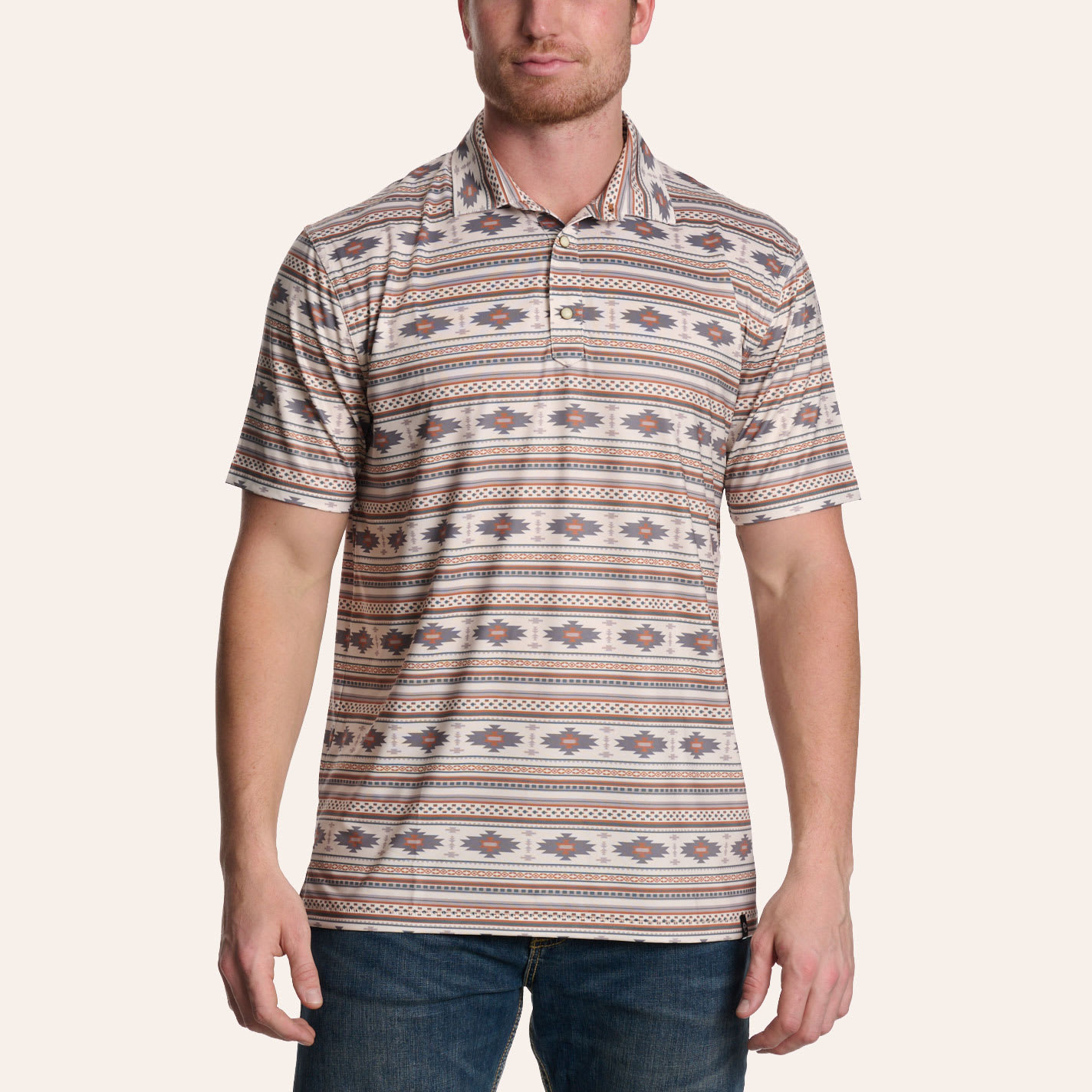 Rafter C Men's Cream Aztec Print Pearl Snap Polo Shirt
