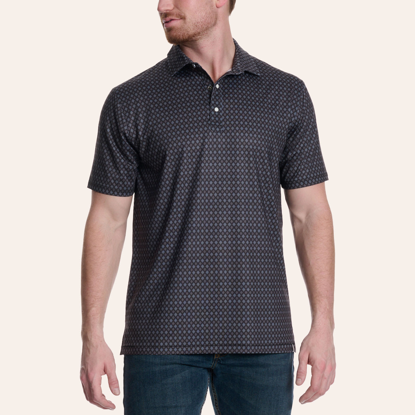 Rafter C Men's Black Geo Print Pearl Snap Polo Shirt