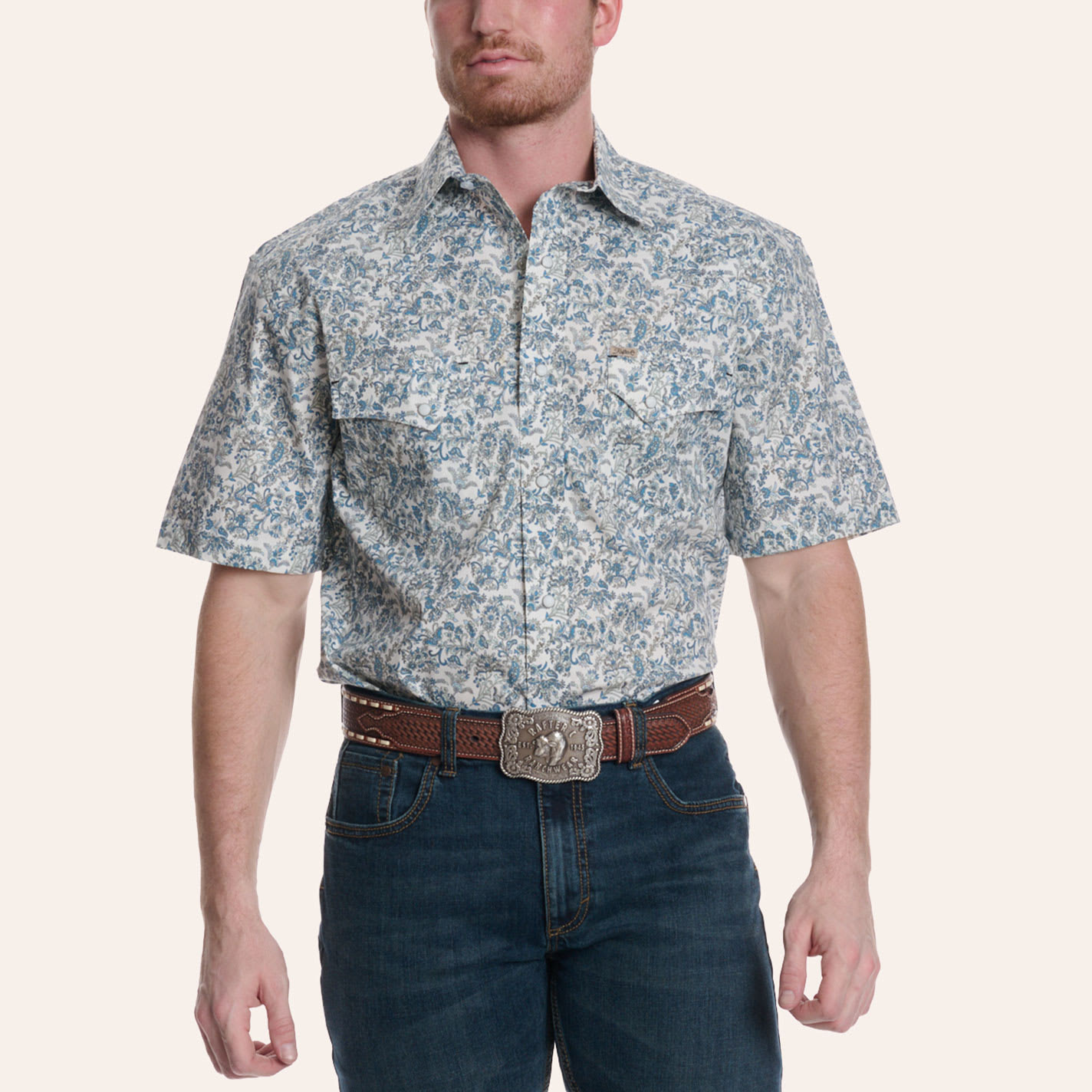 Rafter C Men's White & Blue Paisley Print Pearl Snap Western Shirt
