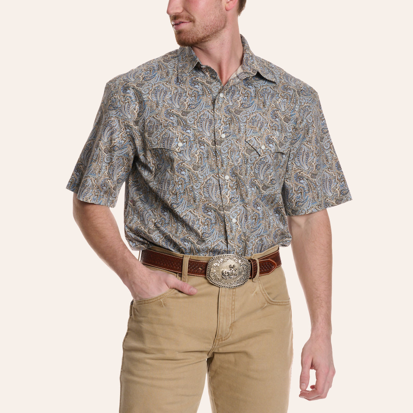 Rafter C Men's Chocolate & Blue Paisley Print Pearl Snap Western Shirt In Brown