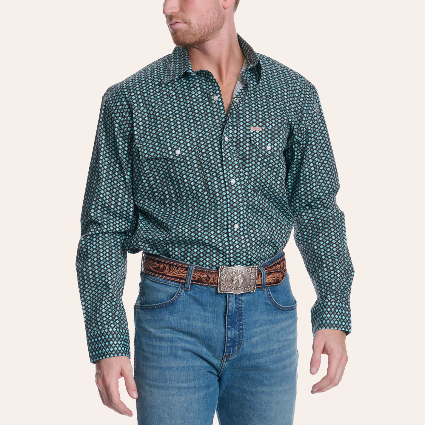 Rafter C Men's Turquoise Geo Print Long Sleeve Pearl Snap Western Shirt In Brown