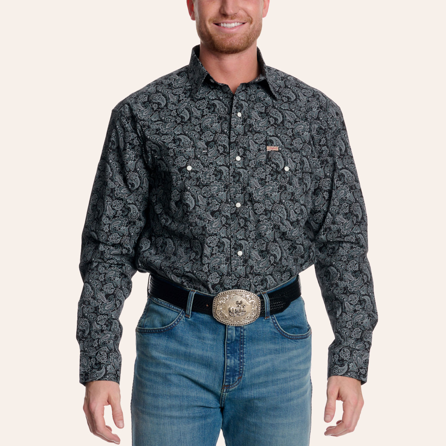 Rafter C Men's Black & Gray Paisley Print Long Sleeve Pearl Snap Western Shirt