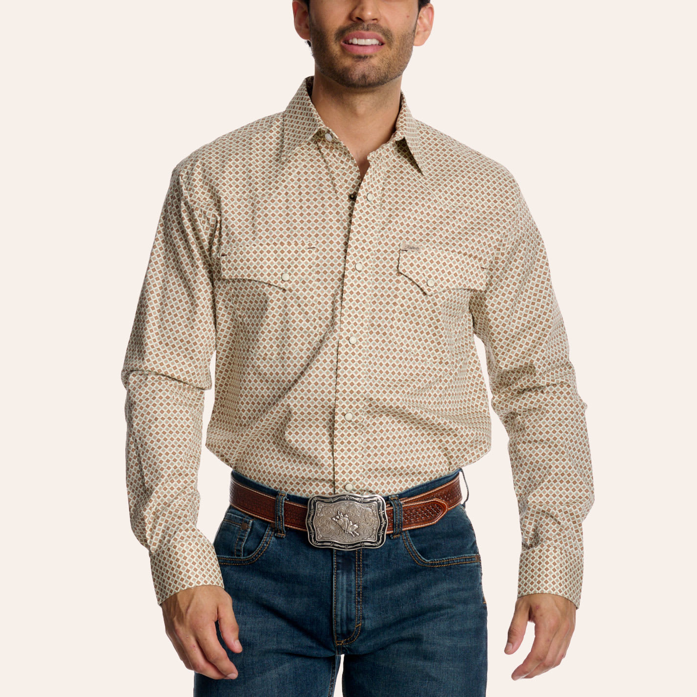 Rafter C Men's Tan Geo Print Long Sleeve Pearl Snap Western Shirt