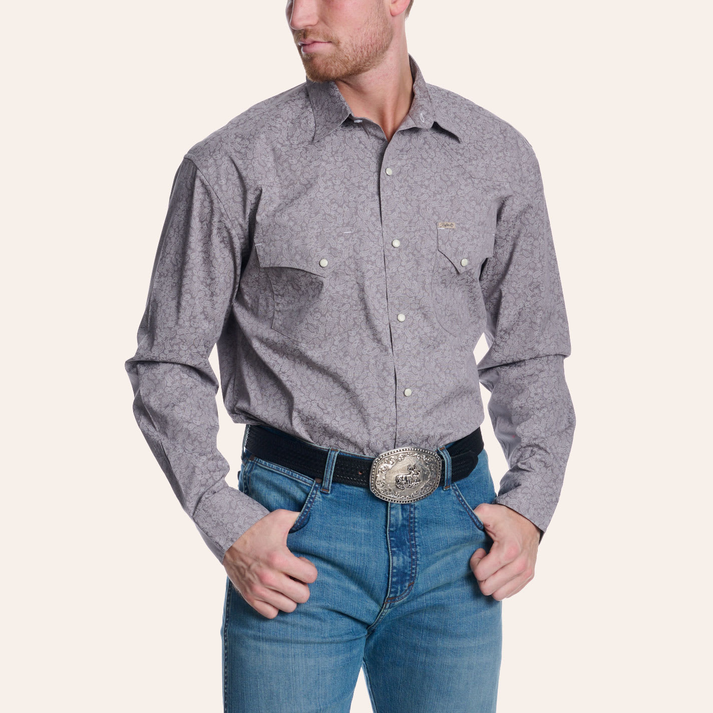 Rafter C Men's Gray Paisley Print Long Sleeve Pearl Snap Western Shirt