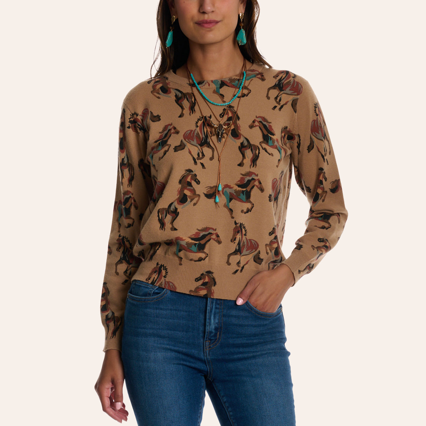 Rockin' C Women's Tan Horse Print Sweater