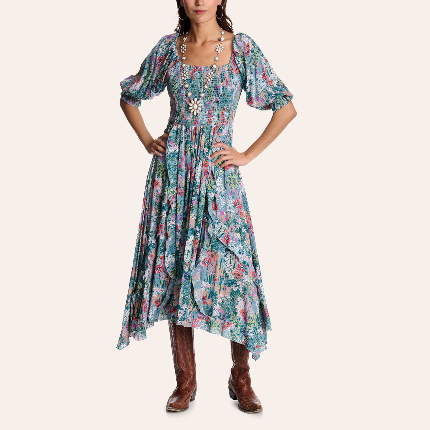 Rockin' C Women's Teal Floral Print Smocked Dress In Blue