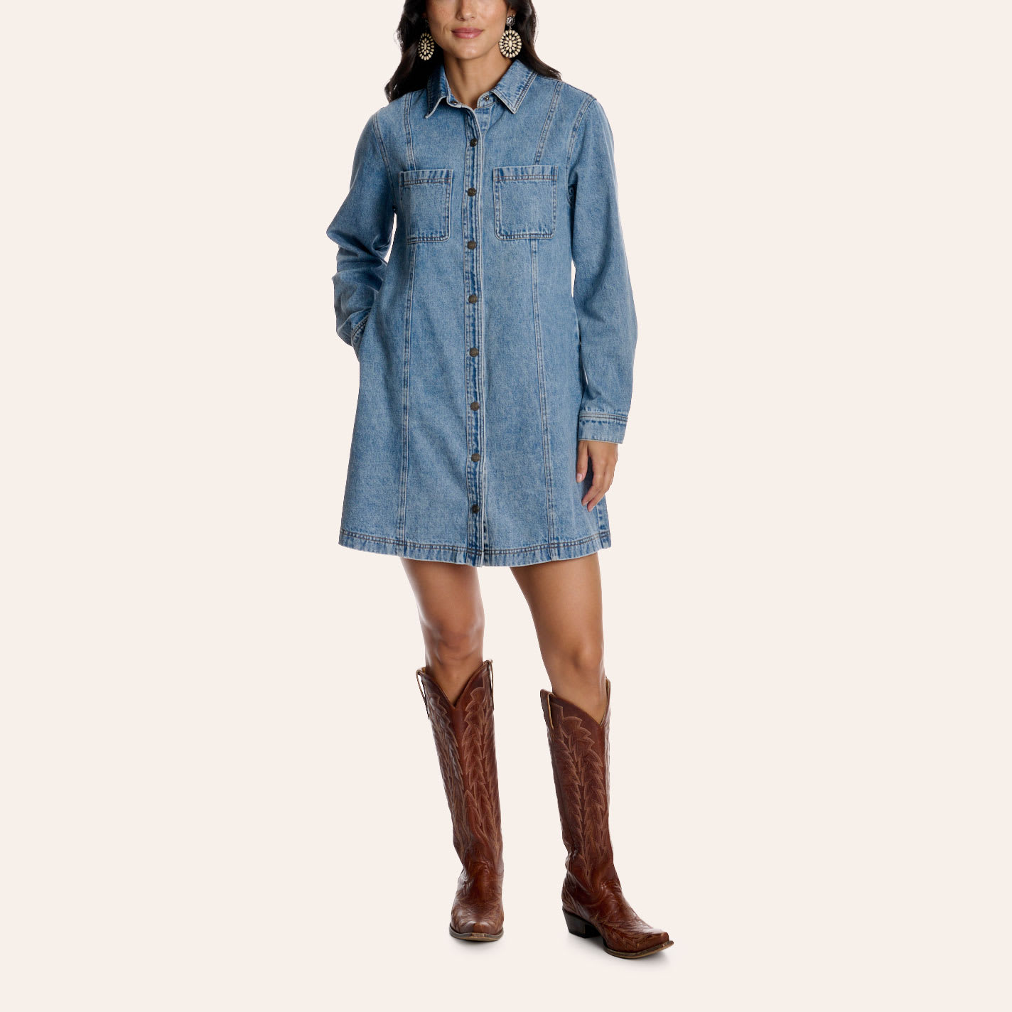 Rockin' C Women's Medium Wash Denim Long Sleeve Mini Shirt Dress In Blue
