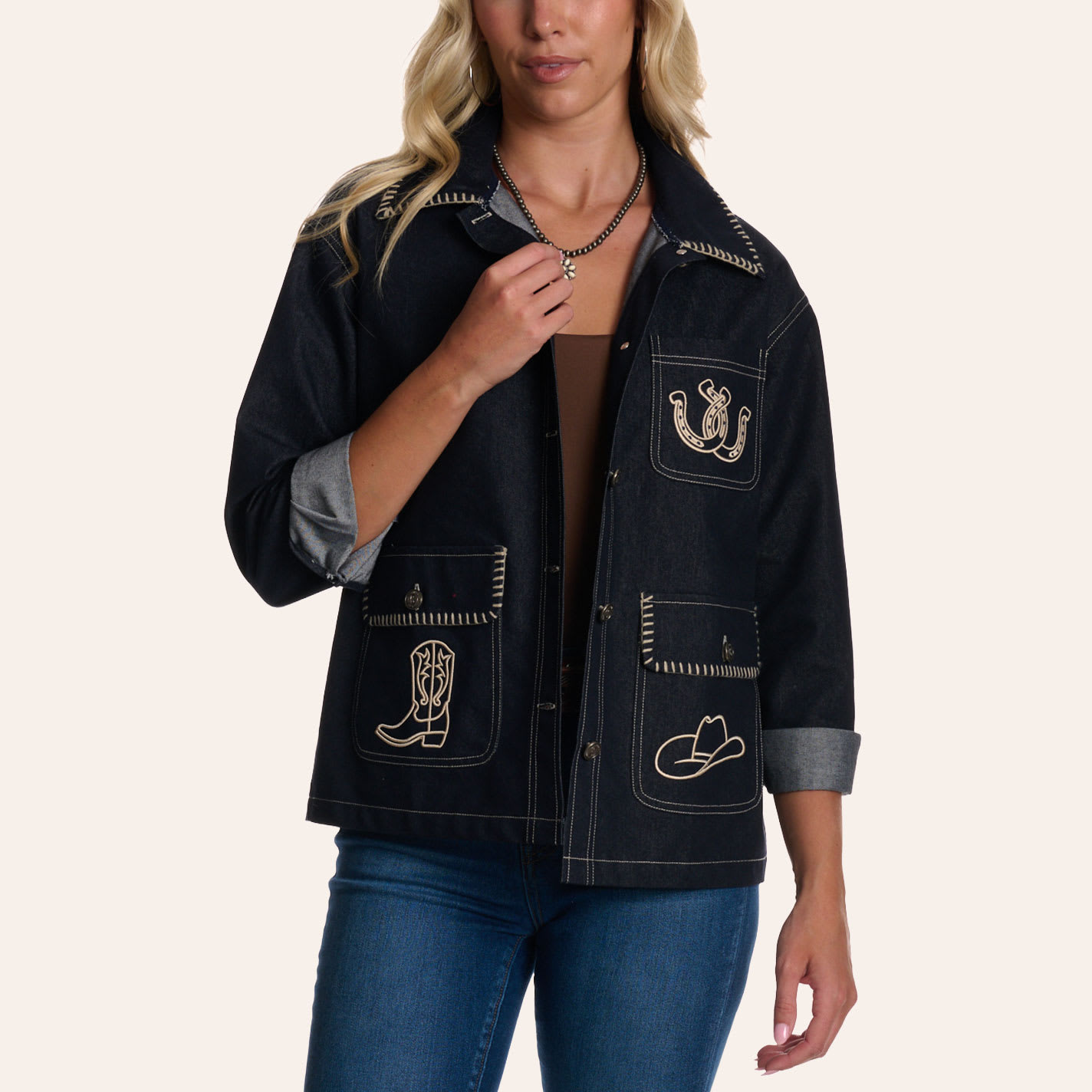 Rockin' C Women's Dark Wash Denim Embroidered Barn Coat In Blue